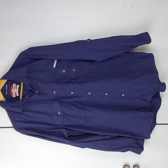 Helly Hansen Blue Nylon Button down Zip Pocket Shirt Sz.L - Picture 1 of 8